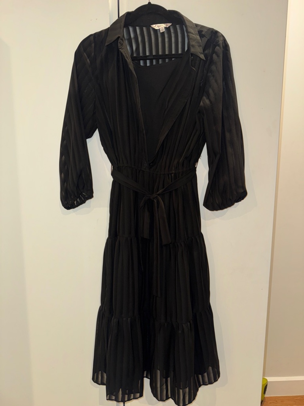 Black Tiered Long-Sleeve Shirt Dress with Waist Tie